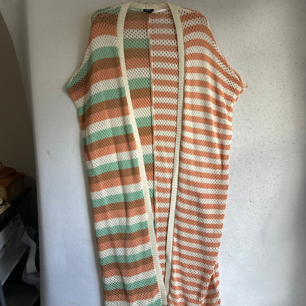 Torrid Striped Crochet Duster Cardigan Womens‎ 1/2 XL 2XL Orange Green 40423120